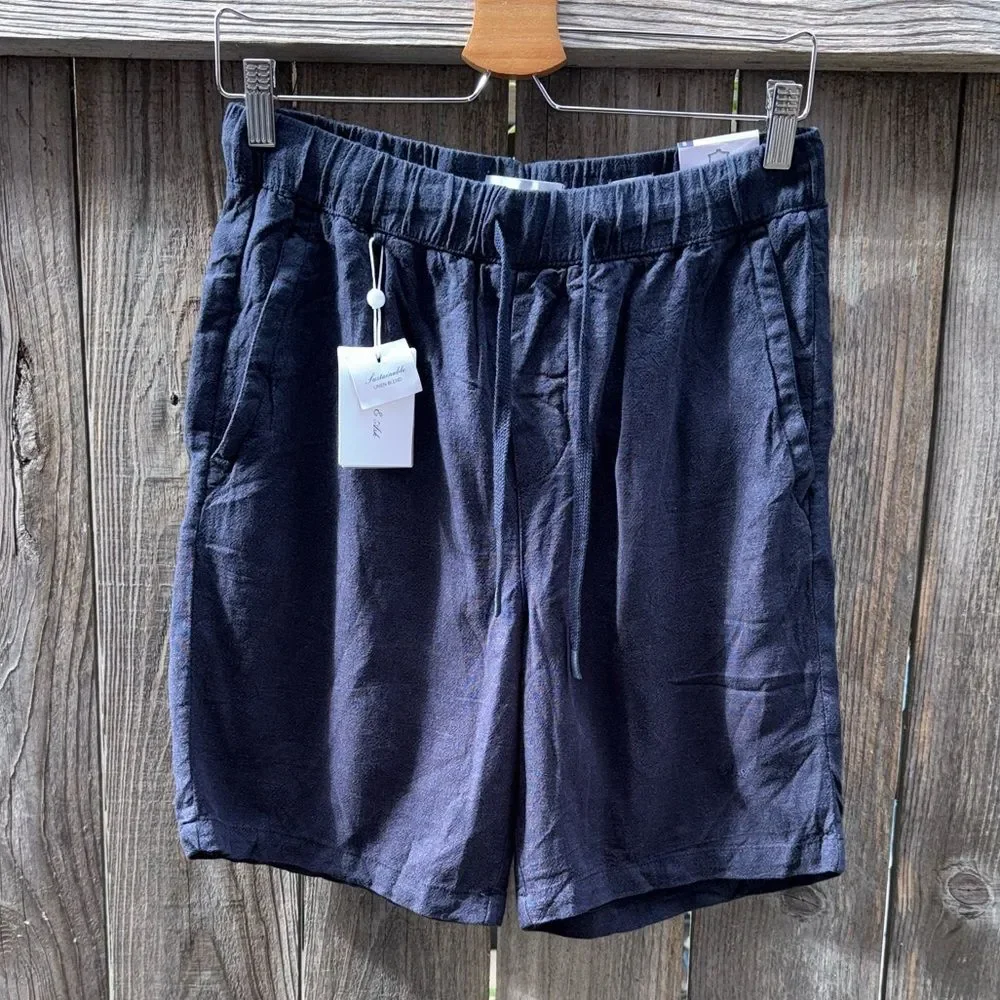 Porter & Ash Navy Blue Linen Blend Drawstring Shorts Size Small